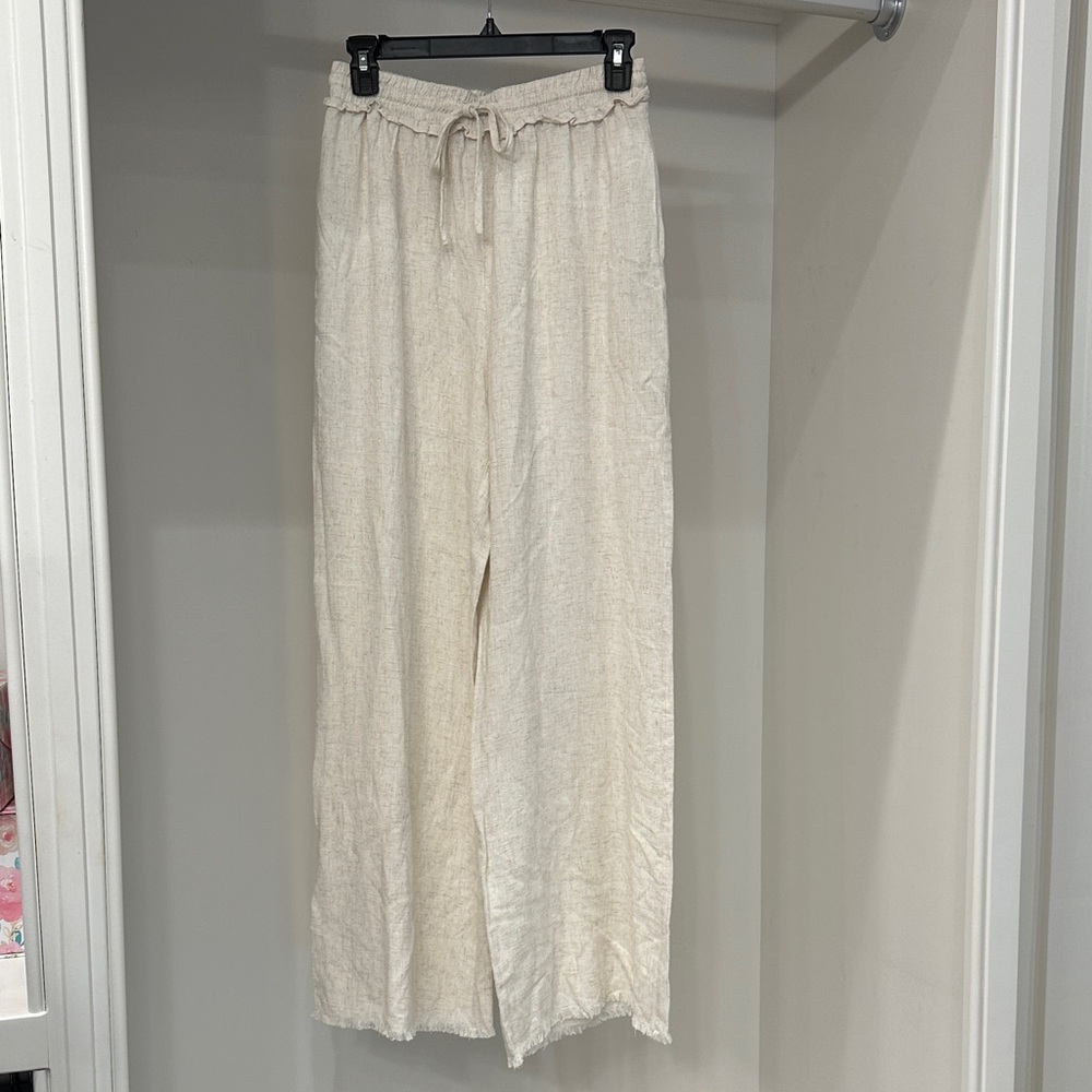 Women’s Cream Drawstring Wide-Leg Linen Pants